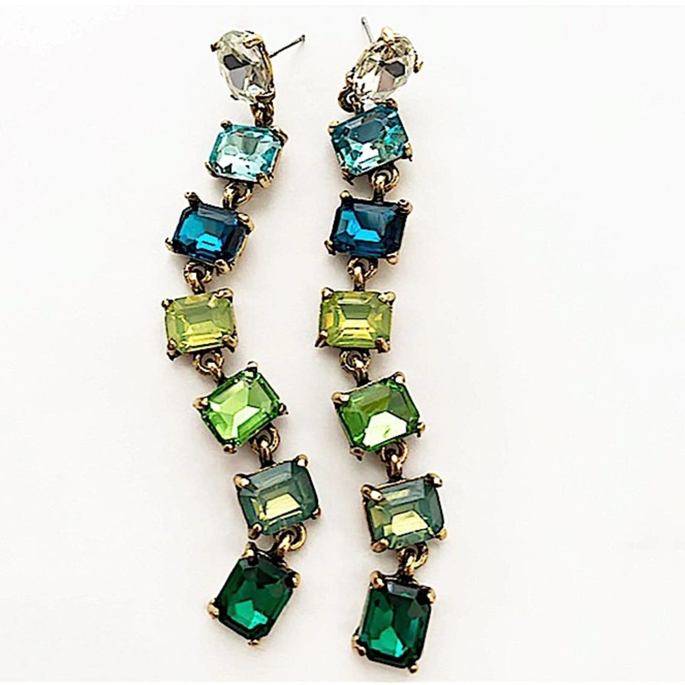 Antique Gold Emerald Cut Crystal Opal Sapphire Aquamarine Tassel Drop Earrings - Picture 9 of 12
